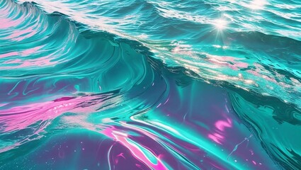 Iridescent ocean gradient, teal to aqua with neon pink streaks, rippling water texture, sunlight shimmer, vibrant summer vibe