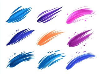 Colorful brush strokes design elements, digital art, white background, graphic design resource