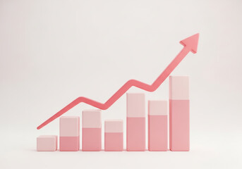 Pink bar chart with upward trending arrow showing growth and success