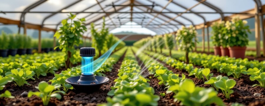 create a farm interior with intelligent soil sensors monitoring moisture and activating automated irrigation providing precise water to crops enhancing productivity and promoting sustainable growth