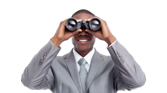 Man in Suit Looking Through Binoculars: A smiling businessman in a sharp suit gazes intently through a pair of binoculars, symbolizing foresight, exploration, and the pursuit of opportunity.