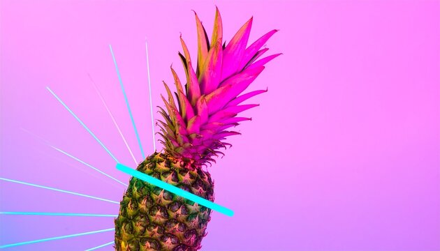 A vibrant pineapple with a neon blue stripe and radiating lines, set against a gradient pink and purple background.