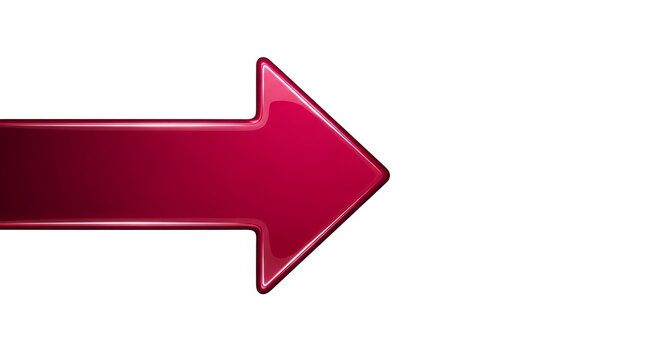 Glossy crimson arrow pointing right, isolated on white background, offering ample free space for text or logo placement, suitable for website banners or presentations