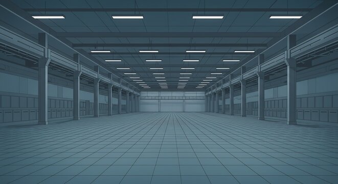 Large Empty Warehouse Interior with Modern Industrial Design and Bright Overhead Lighting