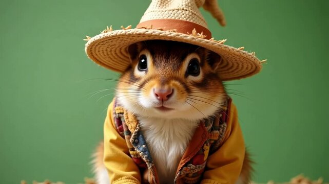 Charming chipmunk in a miniature scarecrow costume with puffed cheeks and curious eyes, set against a soft green background, captured in dynamic 4k video.