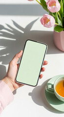 Hand holding a smartphone with a blank screen next to tulips and tea