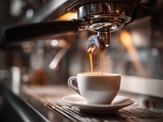 At the moment of serving espresso coffee, very hot in a white cup. Served with a coffee machine in a restaurant. The coffee comes out of the nozzle of the coffee machine.
