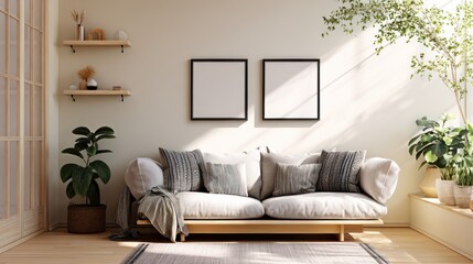 Obraz premium Bright Minimalist Living Room Sofa with Green Indoor Plants and Wall Art