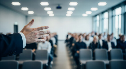 Close-up of hand gesturing, blurred audience in conference room background, suggesting presentation or lecture, symbolizing communication, business, and education