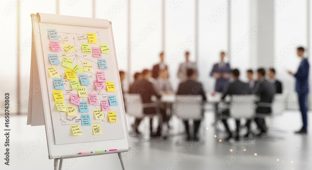Poster whiteboard with colorful sticky notes displaying a business plan, showcasing brainstorming session c