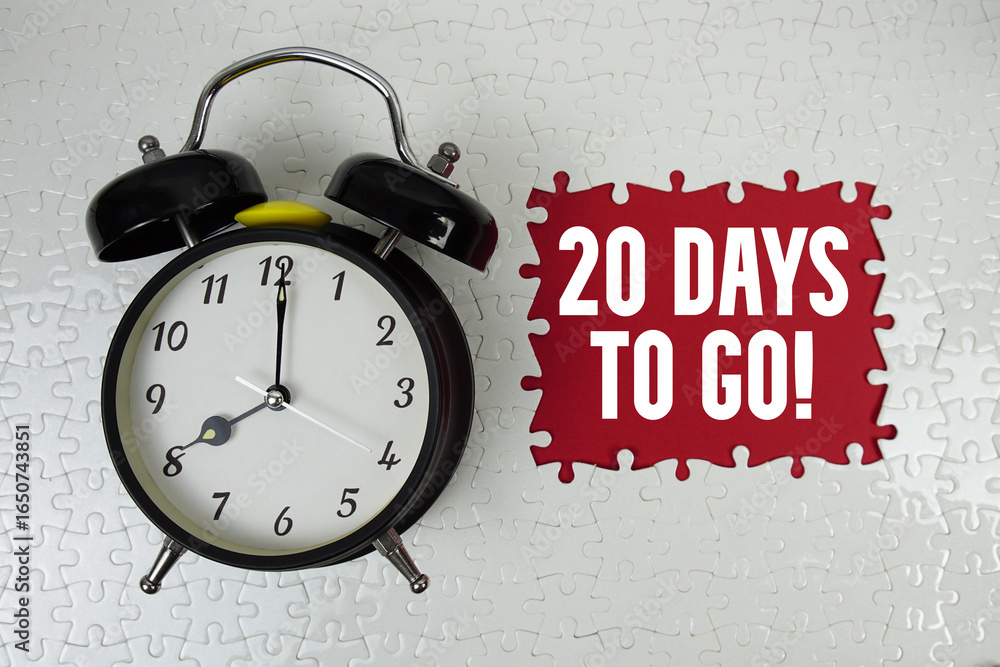 Poster 20 days to go! text with alarm clock on red background