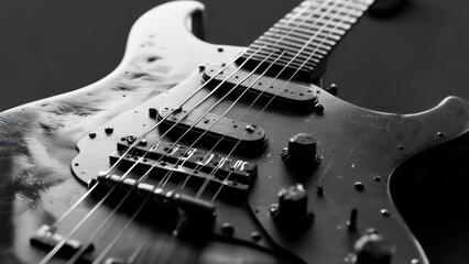 Fototapeta premium Electric Guitar Close-up: Black and White, Detailed Texture, Dramatic Lighting
