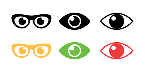 Colorful eye and glasses icon set with black, yellow, green and red on white