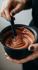 Close up of hands mixing brown hair dye in a bowl