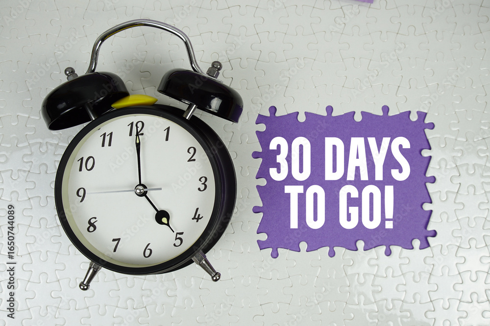 Poster 30 days to go! text with alarm clock on purple background