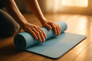 Fototapeta premium Hands carefully roll up a light blue yoga mat on a wooden floor bathed in soft, warm light.