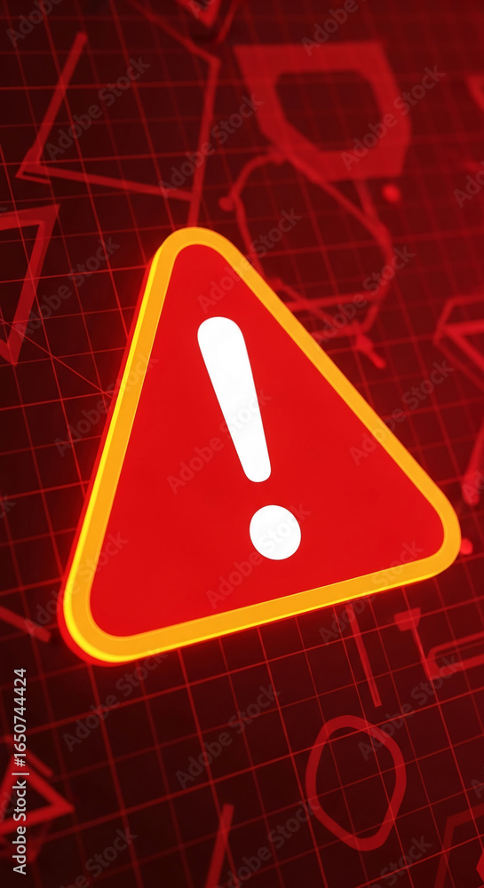 Poster red triangular warning sign with exclamation mark, glowing orange border, dark red grid background, 
