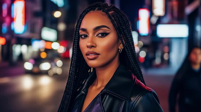 Beautiful african american woman with braids on a city street at night with colorful bokeh