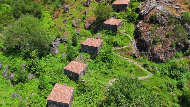 Aerial of Molinos del Folon and del Picon in El Rosal, Galicia, Spain