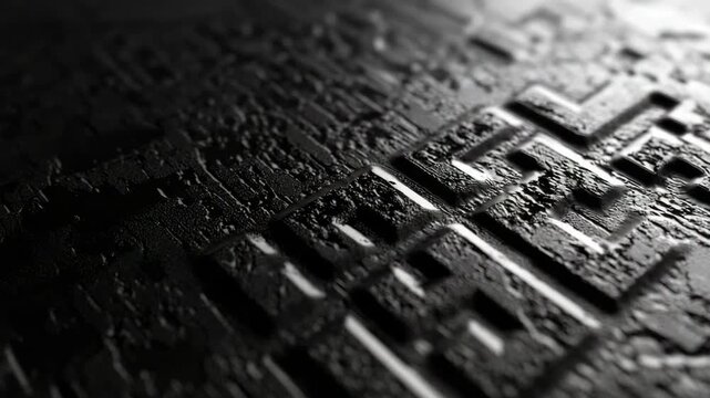 Close-up of dark, wet embossed surface with geometric patterns