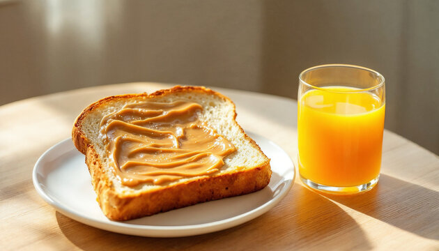 Inviting breakfast scene with peanut butter toast and fresh orange juice on a light wooden table.
