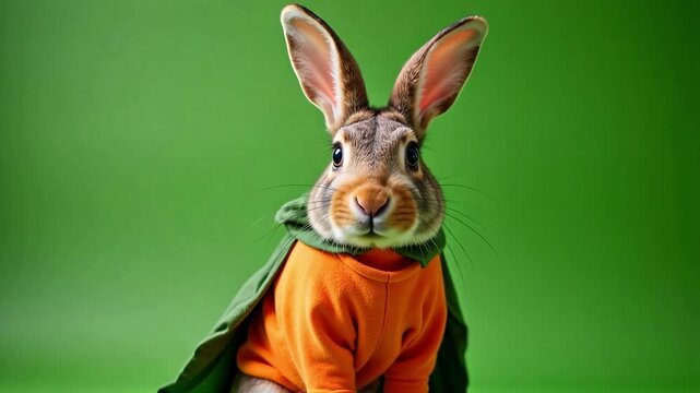 Belgian Hare rabbit in a carrot superhero costume with a green cape and determined eyes against a soft green background, 4K video