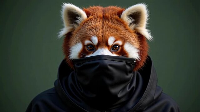 Stealthy red panda ninja with a masked face in a black robe, alert eyes, and soft green background, ready for action, 4k video.