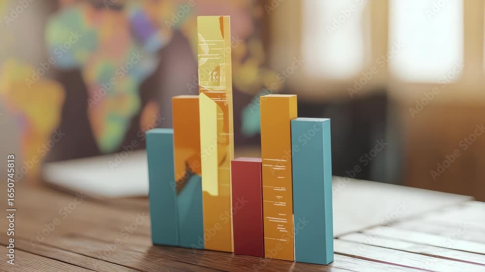 Poster colorful bar graph model on wooden table with blurred world map background