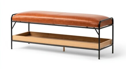 Brown leather bench with wooden tray