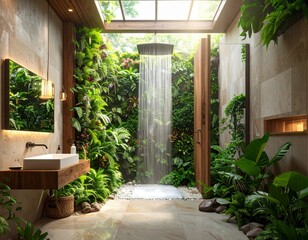 A biophilic bathroom with a living wall of plants inside the shower. A unique, natural spa design concept