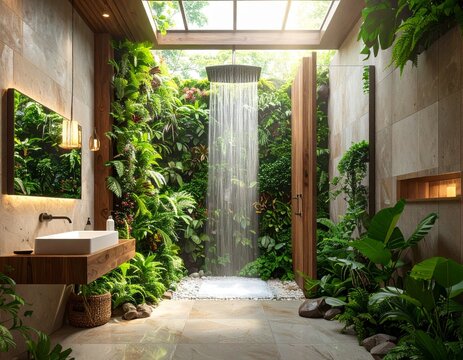 A biophilic bathroom with a living wall of plants inside the shower. A unique, natural spa design concept