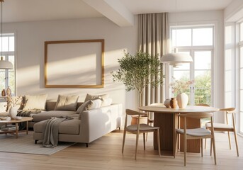 Bright living room with sectional sofa and dining area