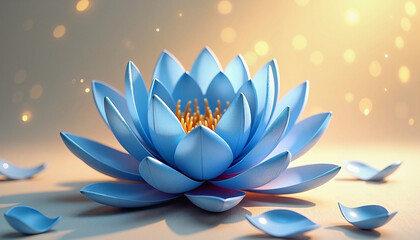 Stylized blue lotus, petals, and sparkles on beige gradient, with space for text