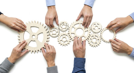Multiple hands interlock wooden gears, symbolizing teamwork, collaboration, and synergy in business processes