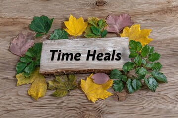 Naklejka premium Inspirational message time heals on rustic wood surrounded by colorful autumn leaves