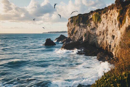 Ocean coastline with large cliff and waves