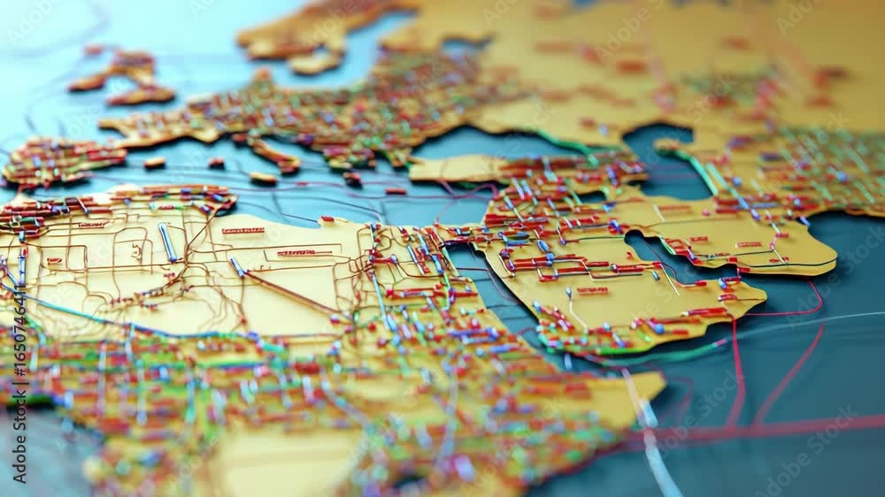 Poster Artistic world map with colorful lines representing interconnected networks on blurred background