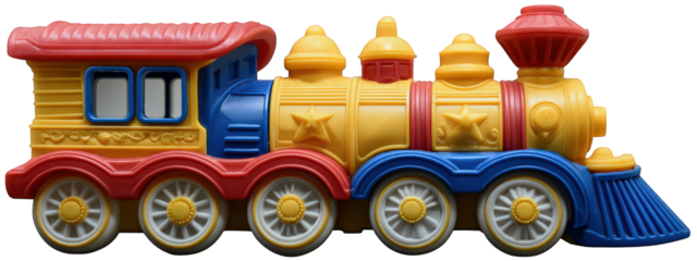 Colorful toy train with cheerful design, featuring red, yellow, and blue plastic, isolated on transparency background, evokes playful childhood memories and imaginative fun for children