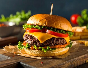 Delicious cheeseburger on a rustic cutting board