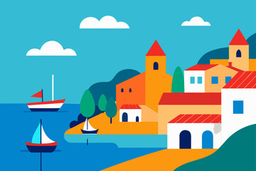 Fototapeta premium Bay Inlet with Boats and Vibrant Village Rooftops