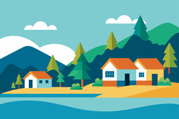 Beachfront Homes and Forested Hills by a Lagoon