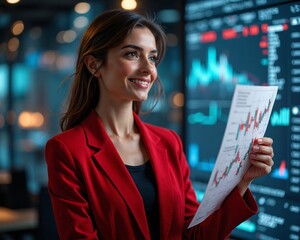 Woman in red blazer smiles, holding financial chart, against glowing digital screen backdrop.