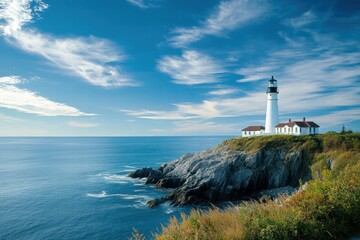 Lighthouse on rocky cliff with waves