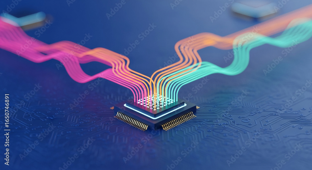 Poster close-up of microchip on circuit board, colorful lines connecting, illustrating data flow, represent