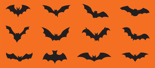 Halloween bats silhouettes set. Isolated vector winged vampire animal black shapes on white background.  Creepy Halloween Night Flying Bat Icons