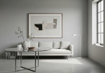 Modern living room with a minimalist sofa and abstract art