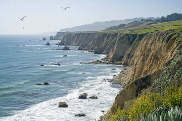 Steep cliffs over ocean with birds flying