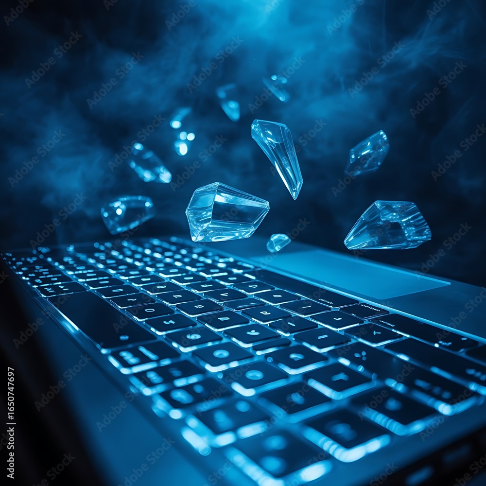 Fototapete futuristic laptop with glowing keyboard and floating crystal shards innovative technology concept di