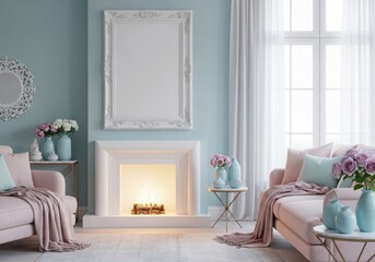 Elegant living room with pink sofas and a fireplace