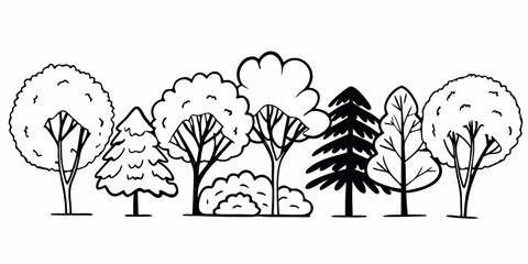 Illustration of various trees and bushes in a row with different shapes and sizes in black and white style on transparent background